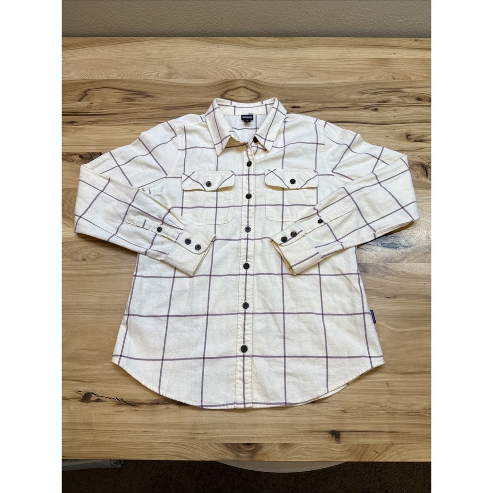 Patagonia Fjord Flannel Shirt Womens Small White Purple Organic Cotton Plaid - Picture 1 of 7